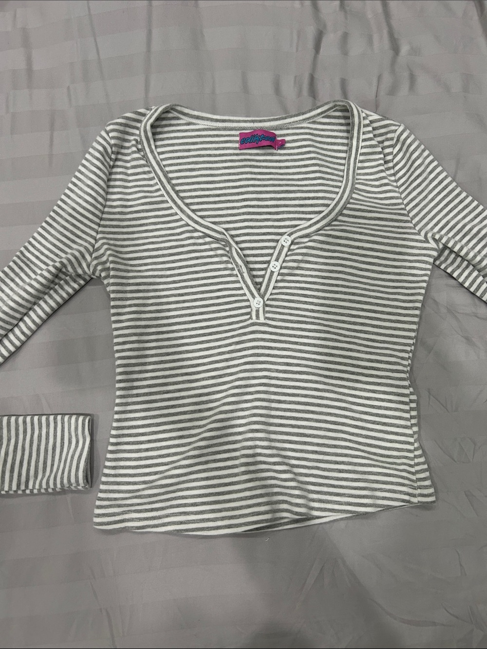 Edikted Gray & White Striped Henley Long Sleeve Top Small S